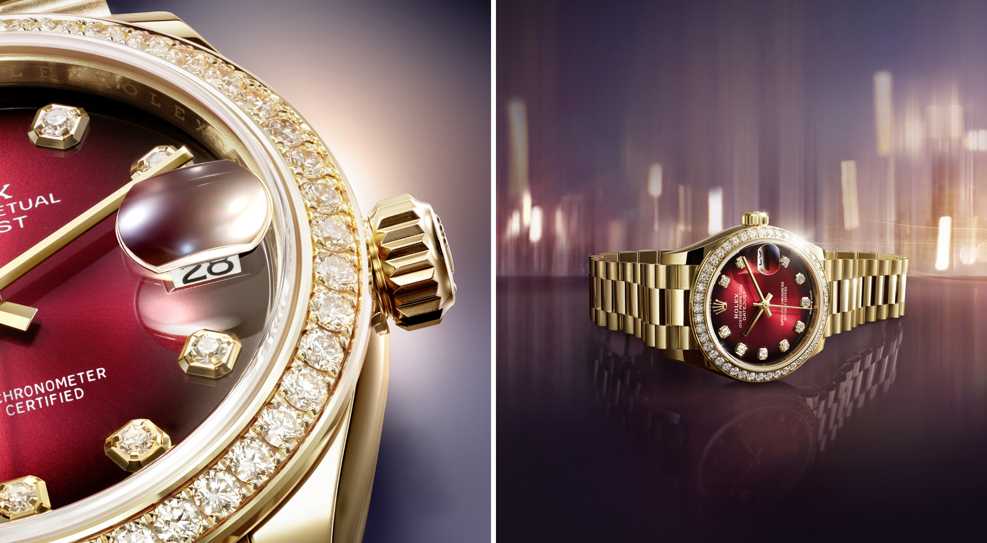 Rolex Lady-Datejust in Gelbgold mit Diamantlünette und rotem Zifferblatt — Close-Up Zykloplupe und Bühnenaufnahme